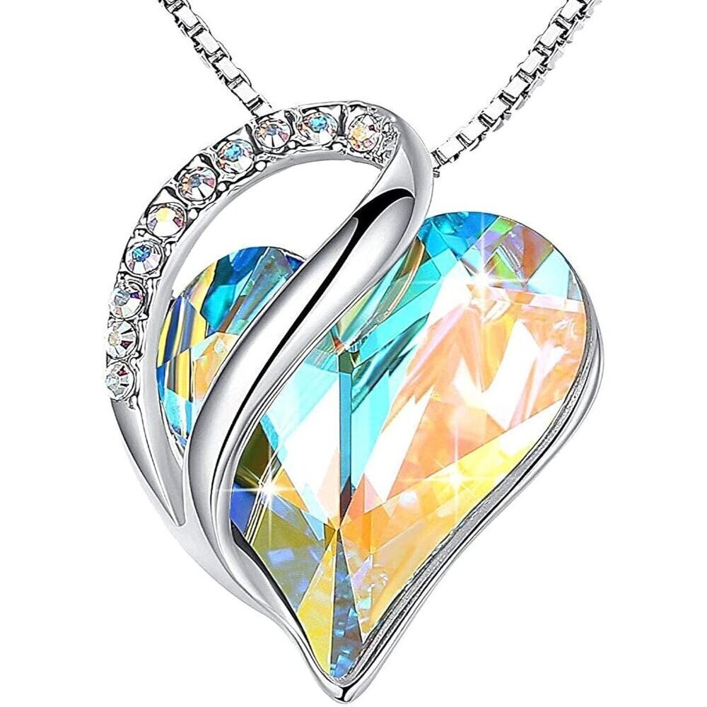 Infinity Love Birthstone Heart Pendant Opal White Necklace Women Mom Wife Silver